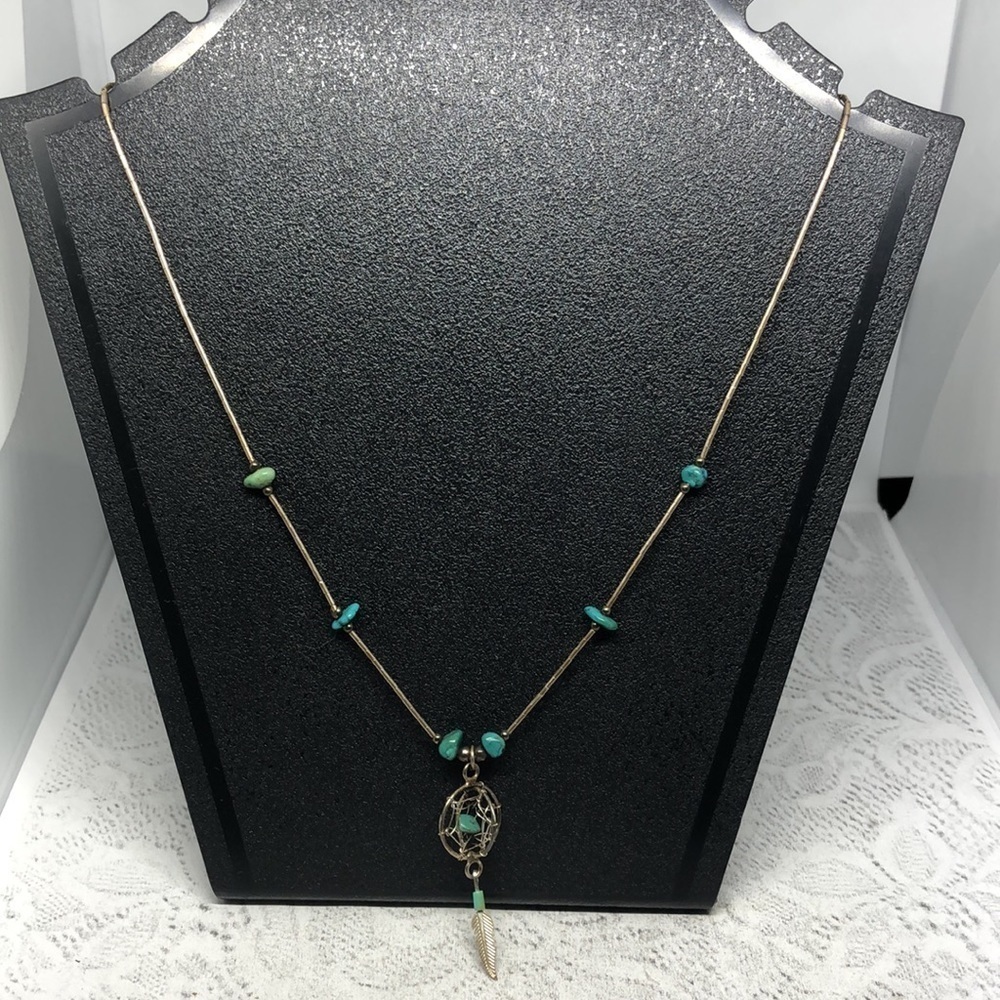 Vintage sterling silver Native American dreamcatcher necklace turquoise beads.